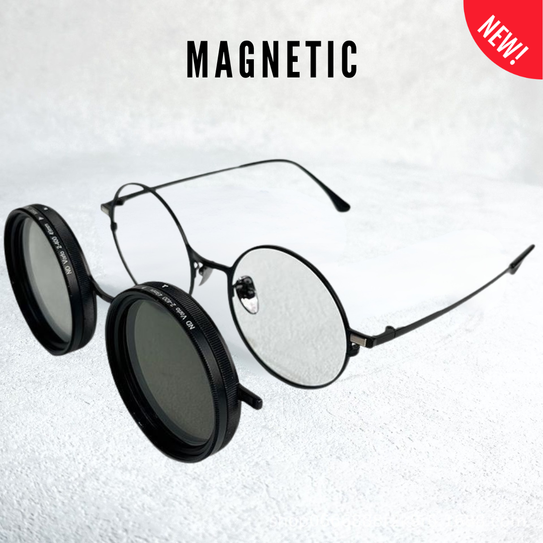 Female model wearing Magnewear magnetic clip sunglasses with adjustable shade lenses