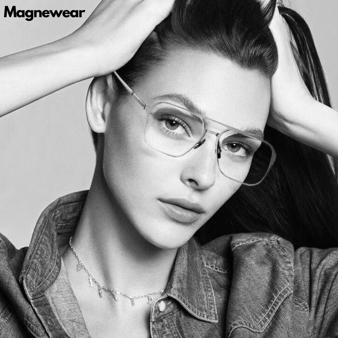Female model wearing Magnewear eyeglass frame with two detachable magnetic clip on lenses