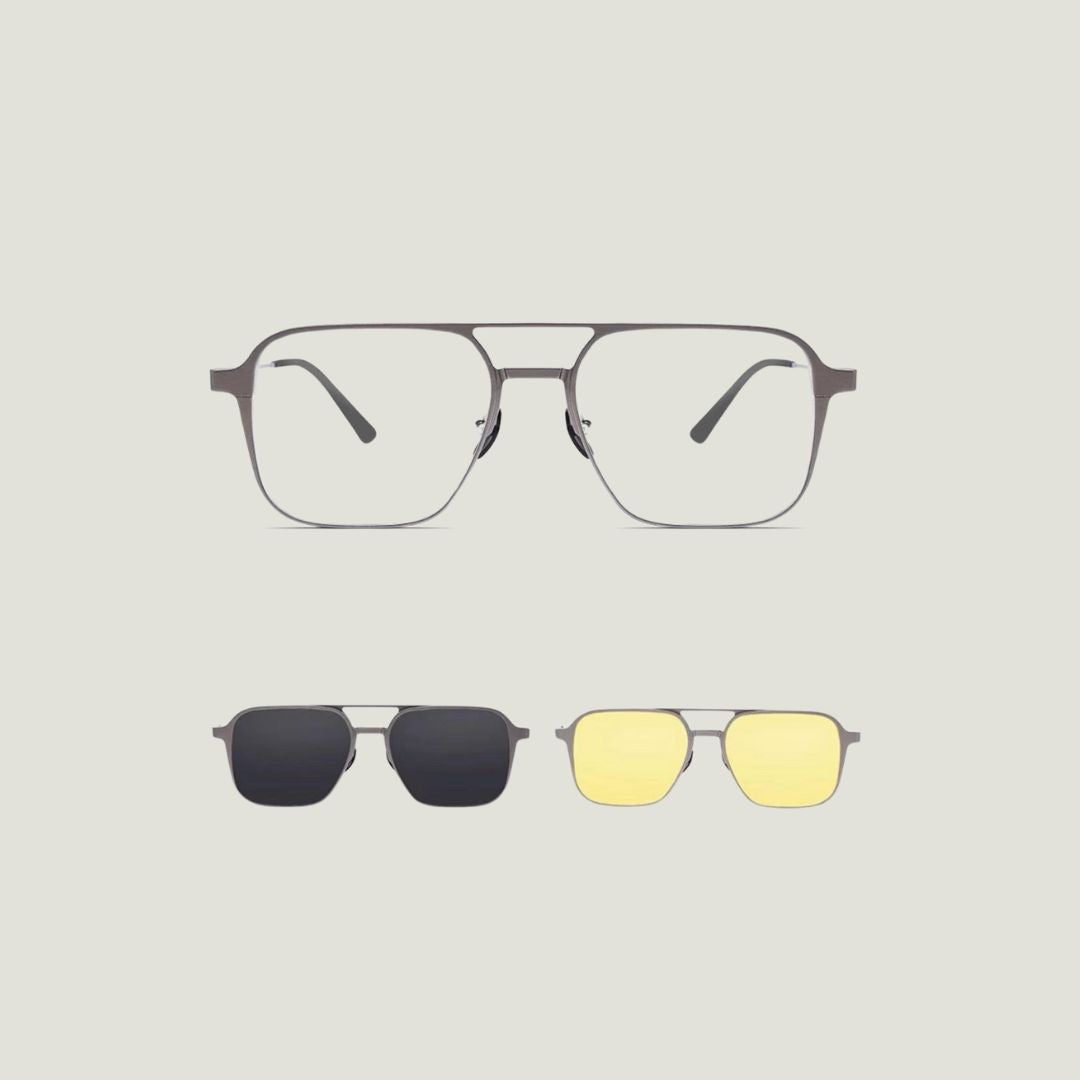 Magnetic clip on sunglasses with interchangeable lenses: clear frame, dark tint & yellow night vision