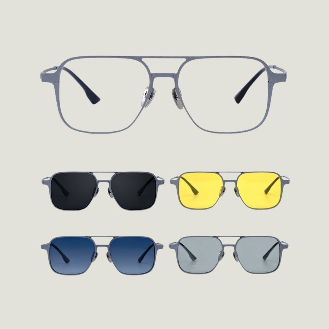 Magnetic clip on sunglasses with lightweight frame and 4 interchangeable lenses: polarized, night and tinted