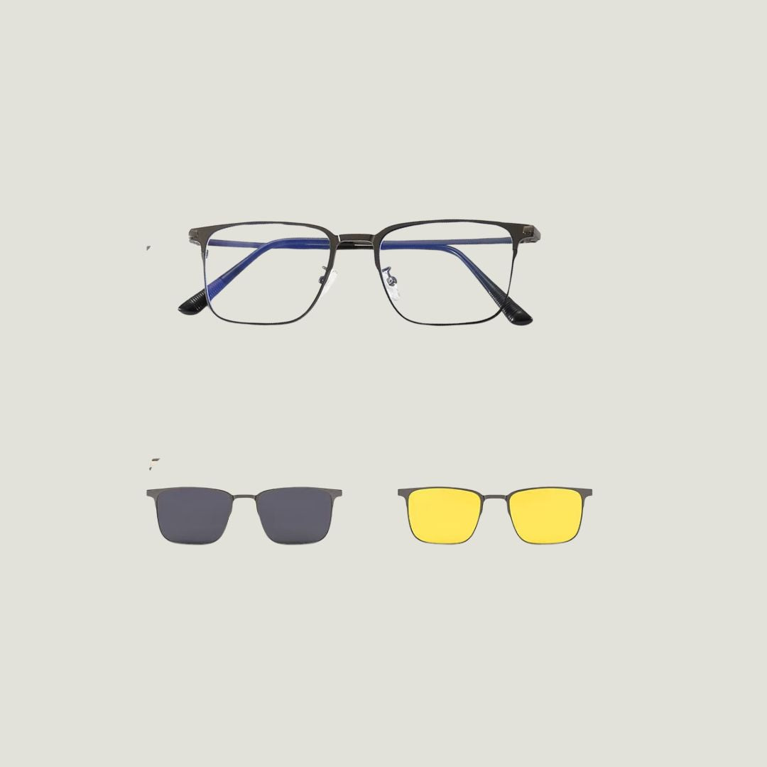 Pair of eyeglasses with interchangeable clip on lenses showing Magnewear’s adjustable-tint magnetic eyewear