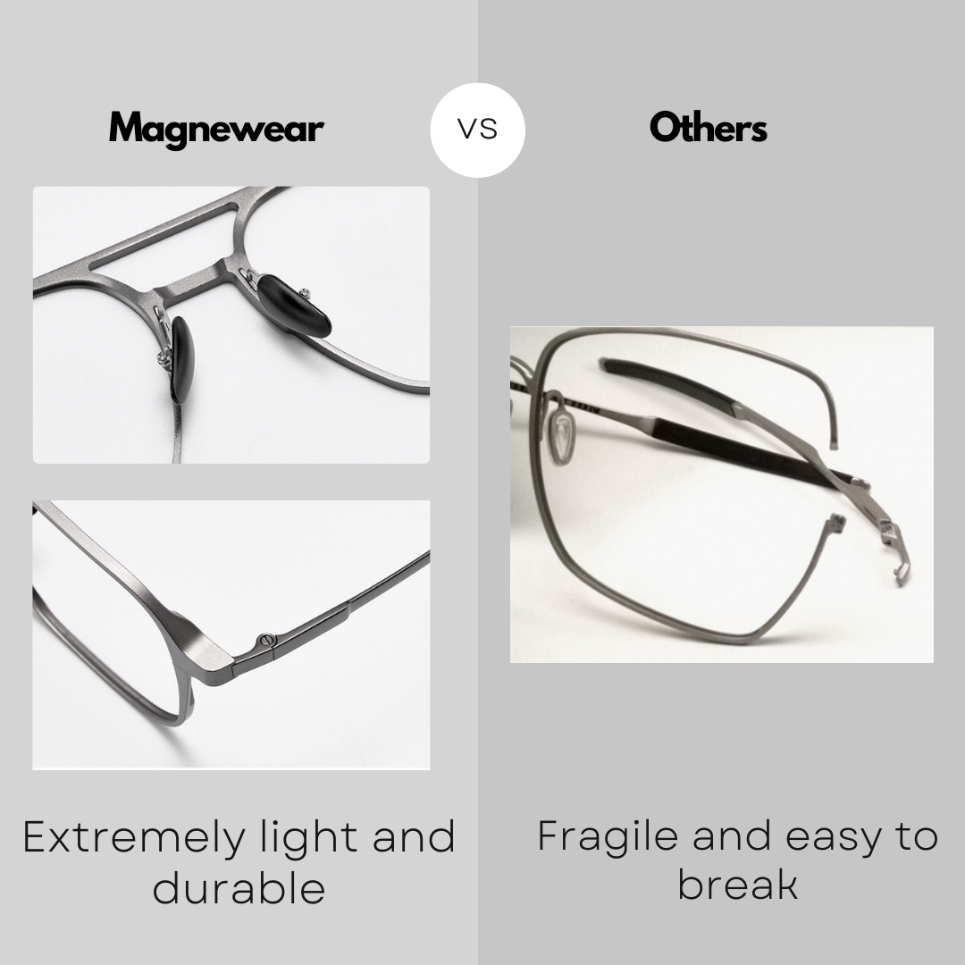 Durable titanium frame of Magnewear magnetic clip on sunglasses with magnetic bridge vs fragile frames