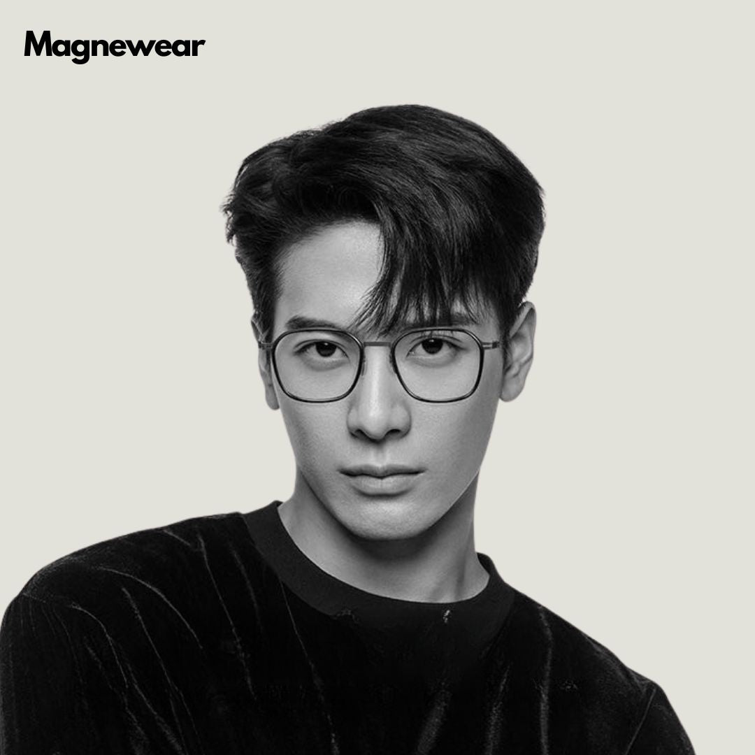Male model wearing Magnewear magnetic clip on glasses with polarized lenses and magnetic frame