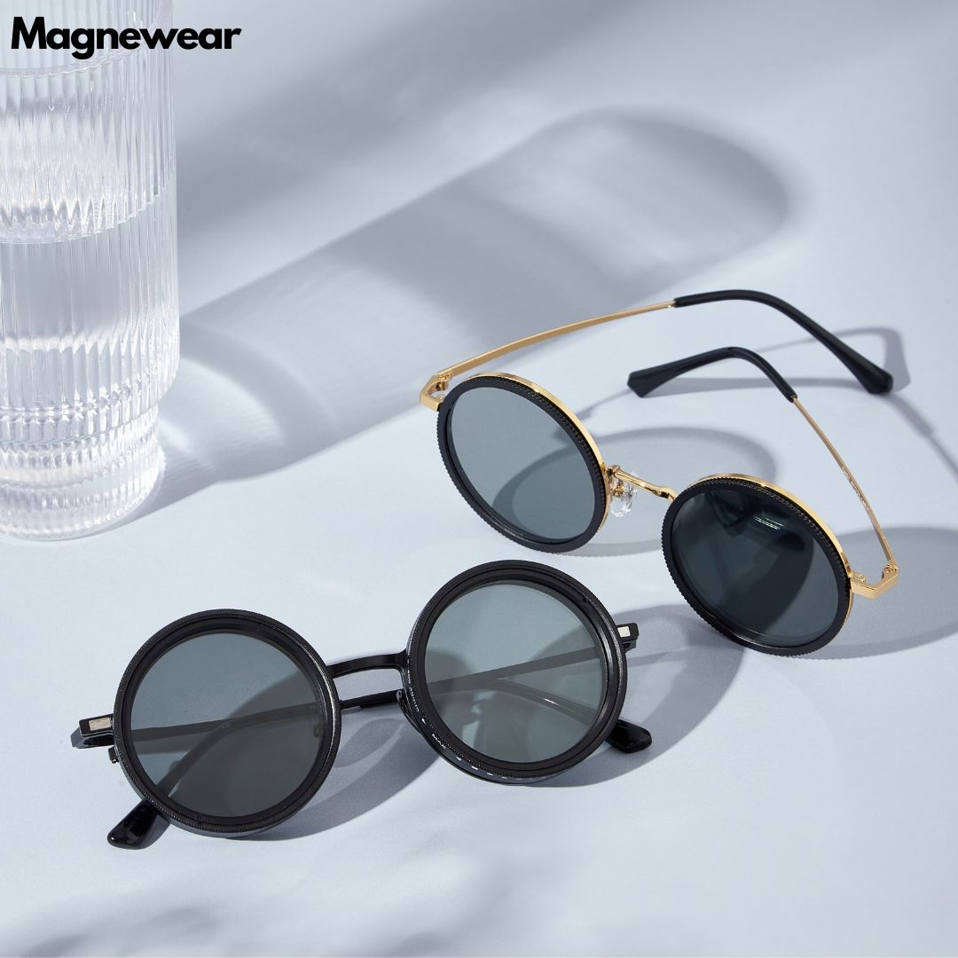 Magnewear round shade adjustable sunglasses in gold and black frames with magnetic lenses