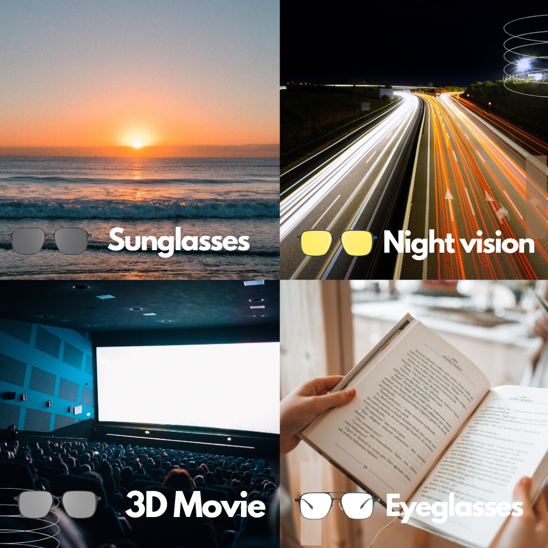 Four-panel graphic showing Magnewear modes: Sunglasses, Night vision, 3D movie, Eyeglasses