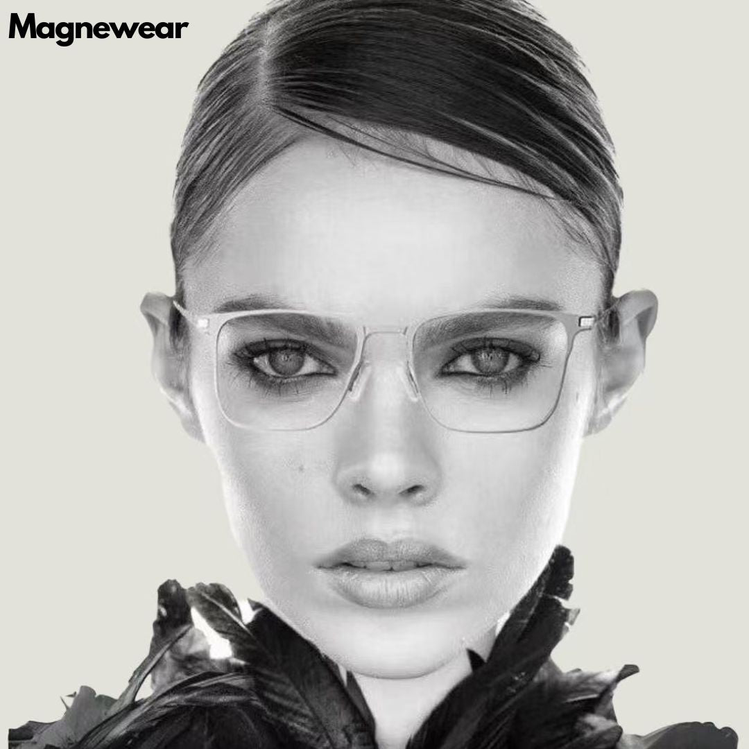Model wearing Magnewear magnetic clip on sunglasses with clear adjustable lenses and sleek design