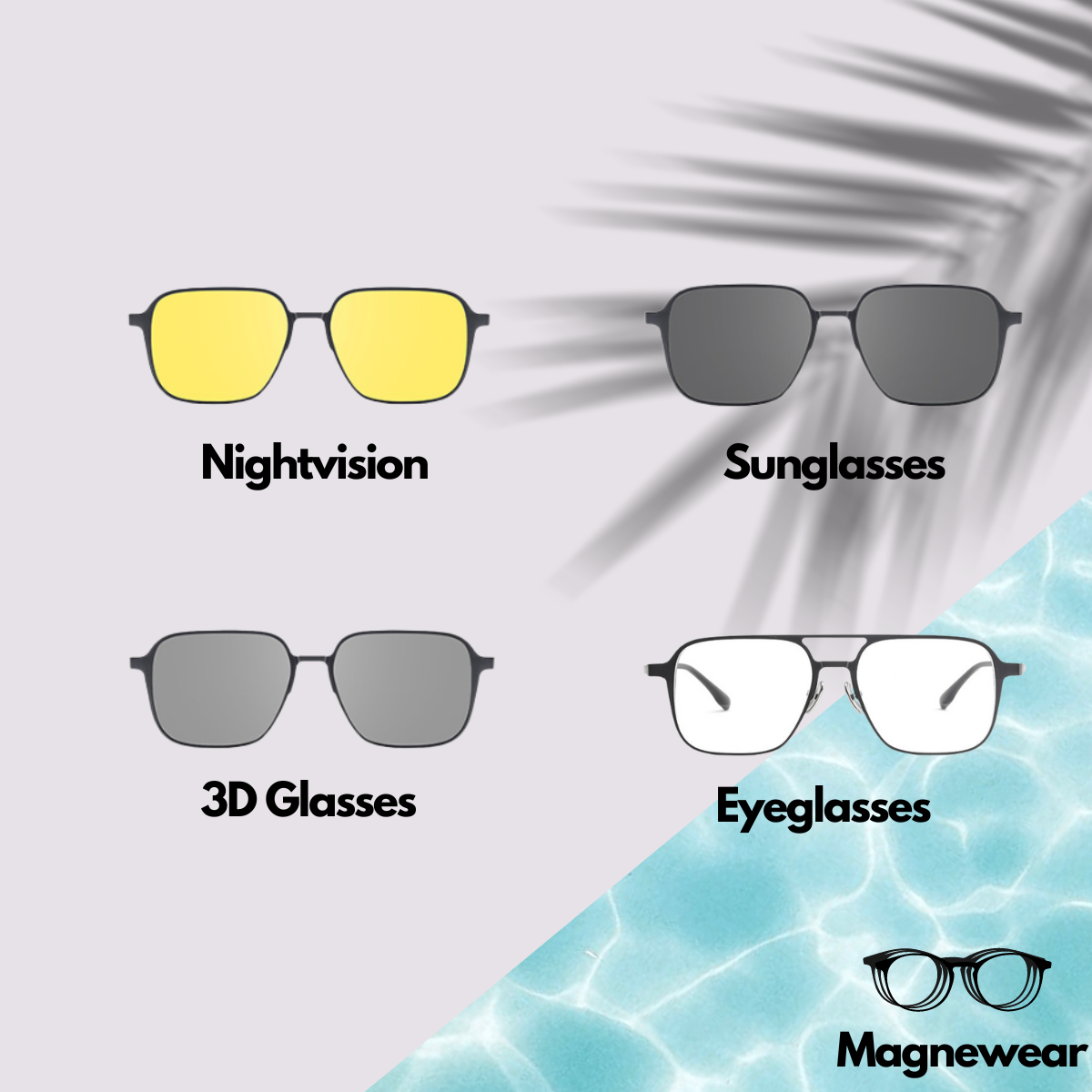 Magnewear magnetic sunglasses 3D eyeglasses and adjustable lenses